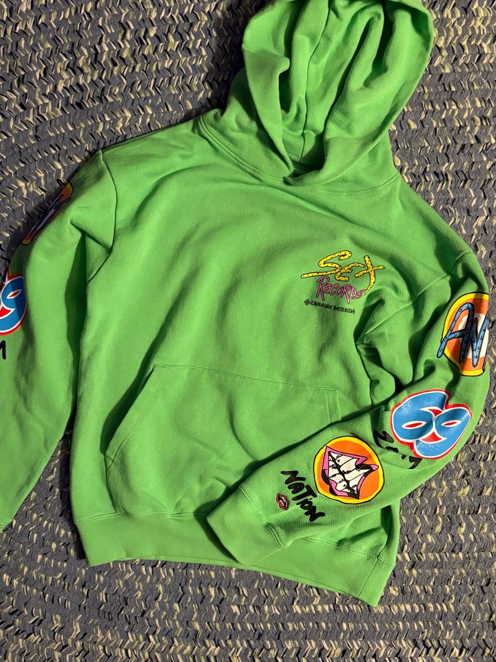 Chrome Hearts Bright Green Crewneck Sweater with Multicolor Sleeve Patches